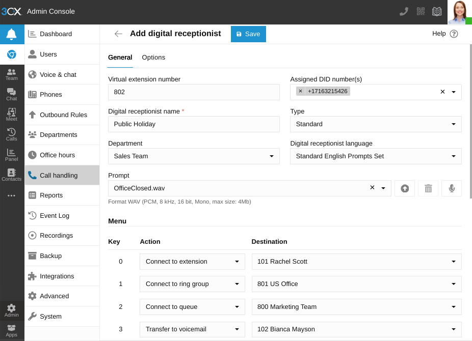 Digital Receptionist configuration in 3CX Admin Console