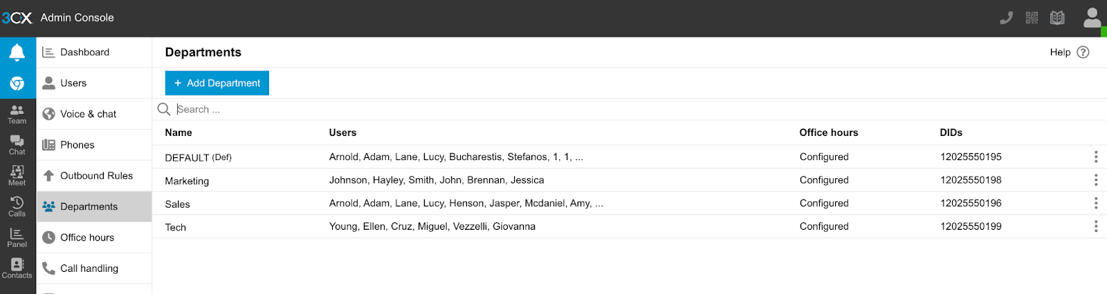 Departments Section in Admin Console