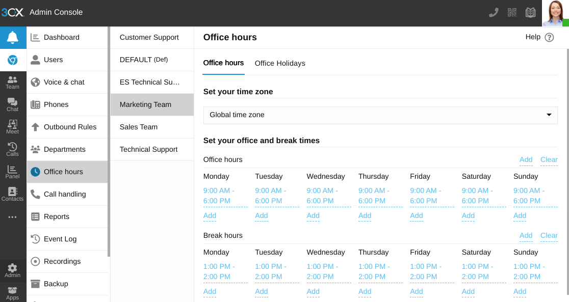 Office hours menu in 3CX Admin Console Office hours menu in 3CX Admin Console
